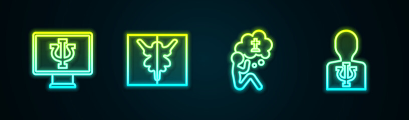 Set line Psychologist online, Rorschach test, Man graves funeral sorrow and Psychology, Psi. Glowing neon icon. Vector