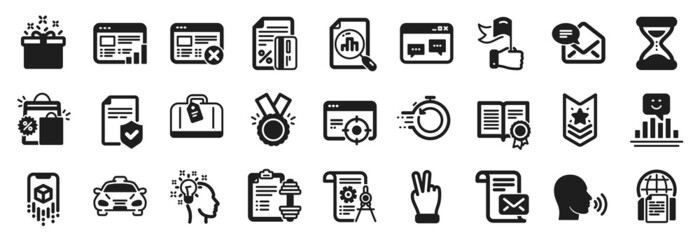 Set of Business icons, such as Special offer, Diploma, Fast recovery icons. Hand baggage, Honor, New mail signs. Leadership, Taxi, Web report. Analytics graph, Mail letter, Reject web. Vector