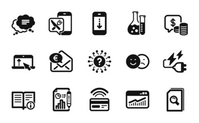 Vector set of Question mark, Website statistics and Search files icons simple set. Scroll down, Chemistry lab and Text message icons. Report document, Like and Coins signs. Vector