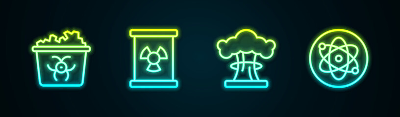 Set line Infectious waste, Radioactive in barrel, Nuclear explosion and Atom. Glowing neon icon. Vector
