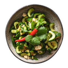 Asian spicy broken Cucumber salad with fresh coriander, ginger, pepper chili, black vinegar isolated on white background. Spicy cucumbers. Popular Chinese appetizer. Top view.