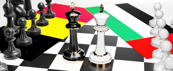 Belgium and United Arab Emirates conflict, clash, crisis and debate between those two countries that aims at a trade deal and dominance symbolized by a chess game with national flags, 3d illustration