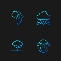 Set line Monkey, African tree, Map of and Cloud with rain. Gradient color icons. Vector