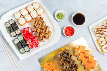 sushi rolls on a white plate on a white background