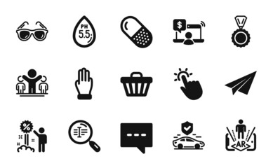 Vector set of Paper plane, Winner and Sunglasses icons simple set. Shop cart, Three fingers and Online shopping icons. Transport insurance, Augmented reality and Blog signs. Vector