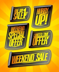 One day sale, weekend special offer, limited time offer, hurry up, weekend sale - vector stickers templates