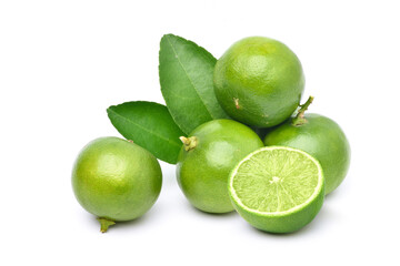 Natural  fresh lime with half slice and green leaf isolated on white background.
