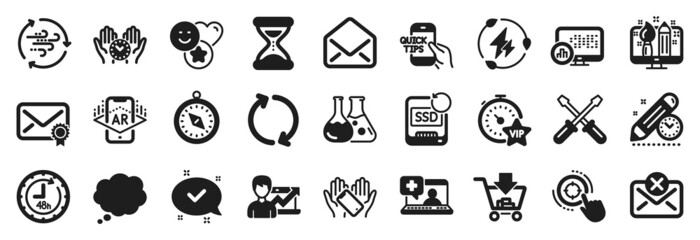 Set of Technology icons, such as Chemistry lab, Seo target, Wind energy icons. Refresh, Creative design, Safe time signs. Reject mail, Smile, Approved. Mail, Education, Smartphone holding. Vector