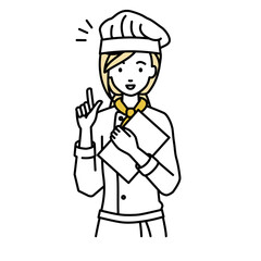 立って書類を手に持って何かひらめいた調理師の女性