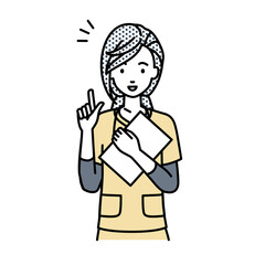 立って書類を手に持って何かひらめいた看護師の女性