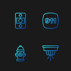 Set line Smoke alarm system, Fire hydrant, and Emergency call 911. Gradient color icons. Vector