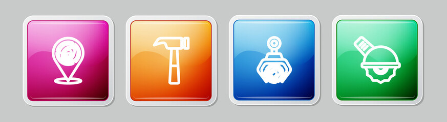 Set line Wooden logs, Hammer, Grapple crane grabbed and Electric circular saw. Colorful square button. Vector