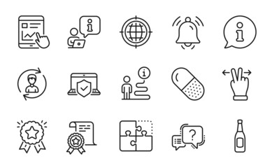 Business icons set. Included icon as Puzzle, Human resources, Capsule pill signs. Ranking star, Seo internet, Beer symbols. Notification bell, Internet report, Touchscreen gesture. Vector
