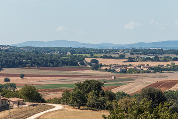 High angle view of tuscan hills (province of Siena). Daylight. Copy space