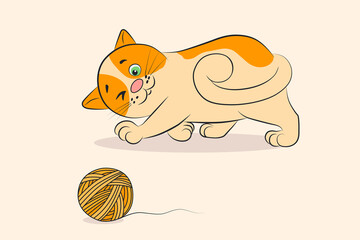 A ginger spotted cat plays with a ball of woolen threads for knitting. Pet. Vector.
