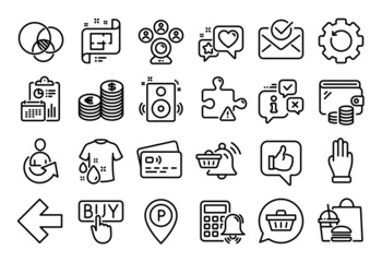 Vector set of Currency, Three fingers and Fast food line icons set. Calendar report, Money wallet and Credit card tag. Puzzle, Speakers and Architectural plan icons. Vector