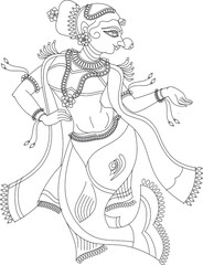 Fototapeta na wymiar Hindu mythological female creature Matsakanya. Indian mermaid. Half girl half fish. Hand-drawn sketch. in Indian folk art Kalamkari Madhubani