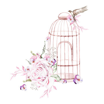 Beautiful watercolor bouquet with birds and flowers and bird cage. Illustration