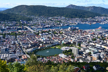 Aerial bird view of Bergen city and harbour