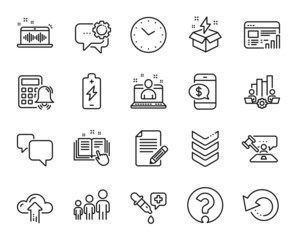 Vector set of Phone payment, Teamwork chart and Speech bubble line icons set. Music making, Calculator alarm and Chemistry pipette icons. Employees messenger, Question mark and Time signs. Vector