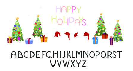 Alphabet, sans serif font. Capital letters. Christmas, New Year lettering. Christmas tree, santa hats and gifts.