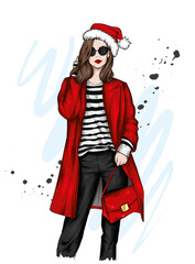 Beautiful girl in stylish clothes and a Christmas hat. New Year and Christmas, print on a postcard.