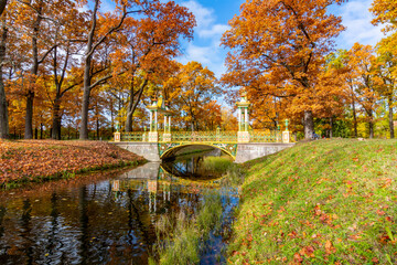 Chinese bridge in Alexander park in autumn, Pushkin (Tsarskoe Selo), Saint Petersburg, Russia
