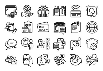 Vector set of Credit card, Text message and User notification line icons set. Calendar report, Money wallet and Credit card tag. 24 hours, Opinion and Mail app icons. Vector