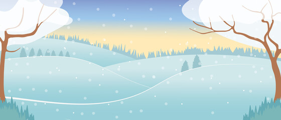 Fototapeta na wymiar Winter landscape on a background of mountains, vector flat cartoon. Trees with snow, hills and a valley with a small house in a natural landscape.