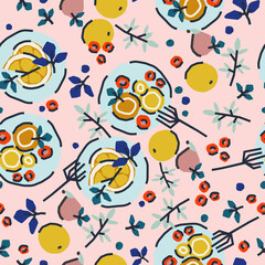 Seamless pattern with breakfast, dessert. Trendy cute vector illustration, background, wrapping paper