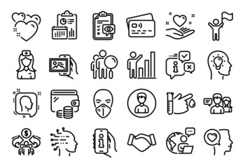 Vector set of Search people, Info app and Image album line icons set. Calendar report, Money wallet and Credit card tag. Leadership, Heart and Handshake icons. Vector