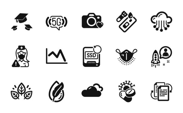 Vector set of Line chart, Cloudy weather and Organic tested icons simple set. Throw hats, Startup and Bureaucracy icons. Nurse, Cloud storage and Recovery ssd signs. Vector