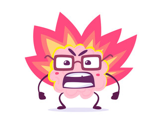 Vector Creative Illustration of Emotional Angry Pink Human Brain Character in Glasses with Flame on White Background. Flat Doodle Style Knowledge Concept Design of Brain on Fire