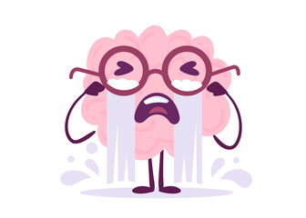 Vector Creative Illustration of Emotional Crying Pink Human Brain Character with Stream of Tear on White Color Background. Flat Doodle Style Knowledge Concept Design of Unhappy Brain in Glasses