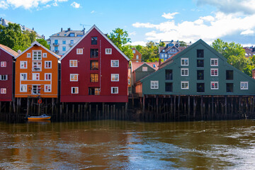 Historical Old Timber Buildings (Norwegian: Gamle Bybro or Bybroa) over the river Nidelva in Trondheim