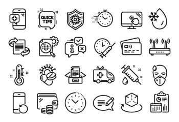 Vector set of Quick tips, Timer and Touch screen line icons set. Calendar report, Money wallet and Credit card tag. Seo stats, Vaccination schedule and Medical syringe icons. Vector