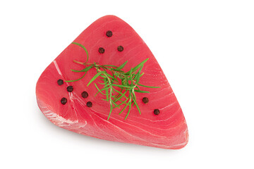 Fresh tuna fish fillet steak with rosemary and peppercorns isolated on white background with clipping path. Top view. Flat lay