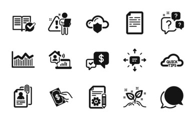 Vector set of Pay money, Interview documents and Cloud protection icons simple set. Chat message, Sms and Payment received icons. Quick tips, Search employee and Work home signs. Vector