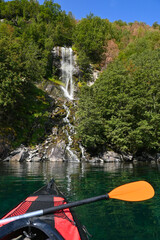 Beautiful waterfalls comming down on the Geirangerfjord in Norway while kayaking