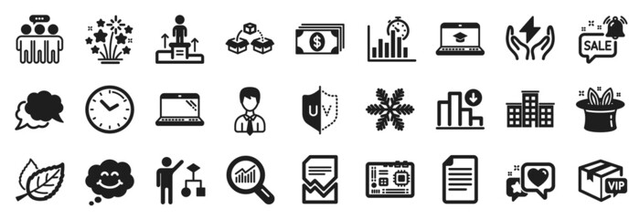 Set of Business icons, such as Motherboard, Decreasing graph, Leaf icons. Time, Website education, Businessman signs. Snowflake, Heart, Parcel shipping. Laptop, Uv protection, Algorithm. Vector