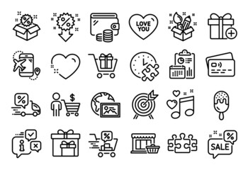 Vector set of Shopping cart, Love you and Delivery discount line icons set. Calendar report, Money wallet and Credit card tag. Archery, Puzzle time and Discounts bubble icons. Vector