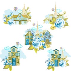 Watercolor Clipart Houses, Cute Hand-painted Houses, Eiffel Tower, Garden House, Roses, Blue Color, Balloon
