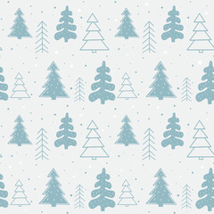 Fototapeta premium Seamless New Year template with stylized Christmas trees In the forest. Vector holiday background for packaging, paper and textile products