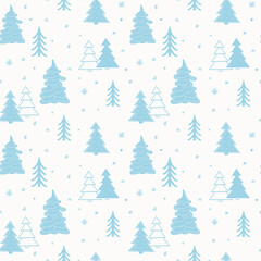 Seamless New Year template with stylized Christmas trees In the forest. Vector holiday background for packaging, paper and textile products