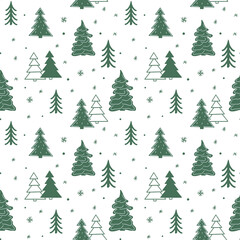 Obraz premium Seamless New Year template with stylized Christmas trees In the forest. Vector holiday background for packaging, paper and textile products