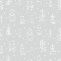 Obraz premium Seamless New Year template with stylized Christmas trees In the forest. Vector holiday background for packaging, paper and textile products