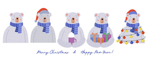 A set of Teddy Bears with Christmas presents, a garland of colorful lights and a Santa hat. Vector cute character