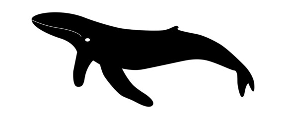 Humpback whale silhouette for ecology banner design. Large underwater mammal logo black white. Protection of fauna and marine animals. Ocean fish icon with tail and fins. Vector isolated illustration