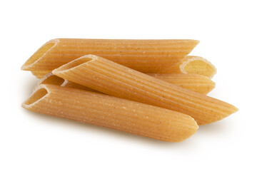 Wolegrain penne pasta from durum wheat isolated on white background with clipping path and full depth of field.