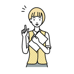 立って書類を手に持って何かひらめいた事務員制服の女性